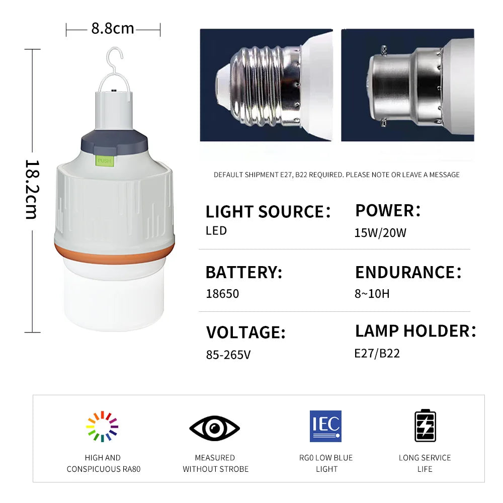 Rechargeable LED bulb high brightness emergency light hook camping fishing portable home emergency blackout lantern night light