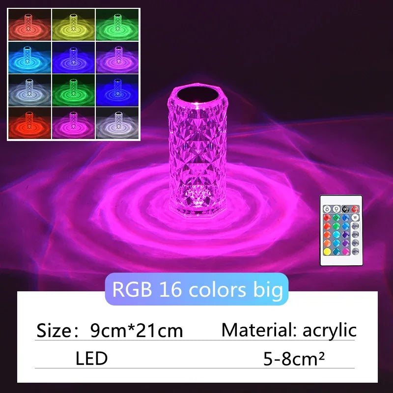 LED Rose Lamp Crystal Table Lamp 3/16 Colors Touch/Remote Diamond  Romantic Christmas USB Party Night Light Projector Light