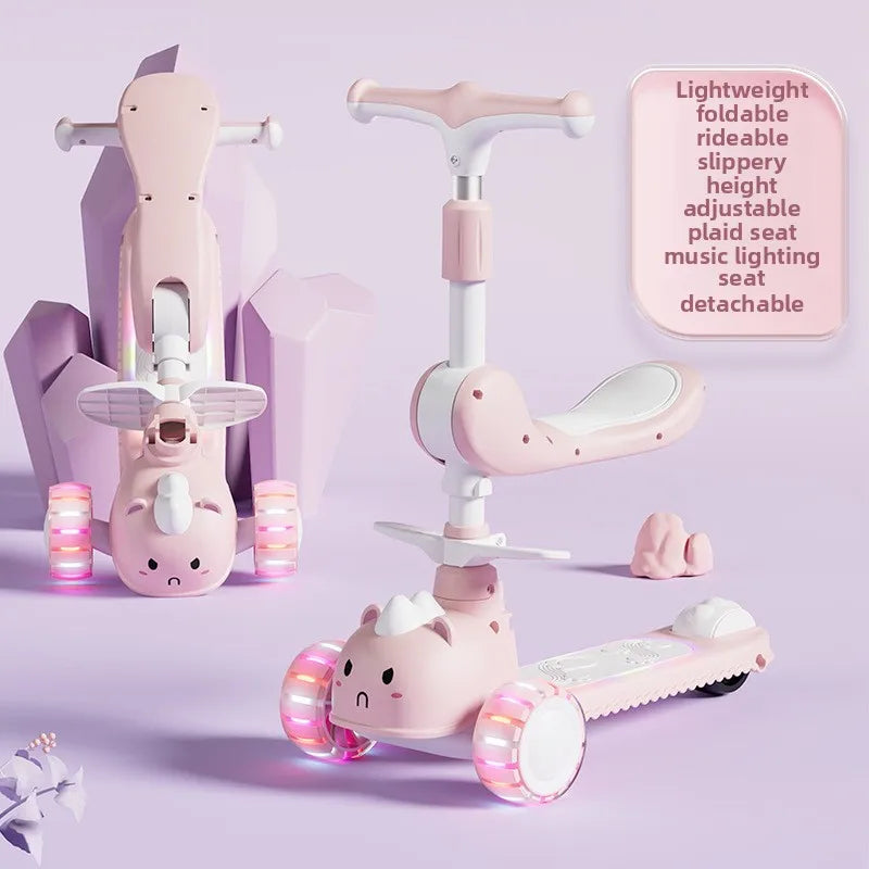 2-In-1 Children's Scooter Baby Kickboard 3 Height Adjustable 3-Wheel Music Light Foldable Micro Kcik Scooter Boy Girl Ages 2-10