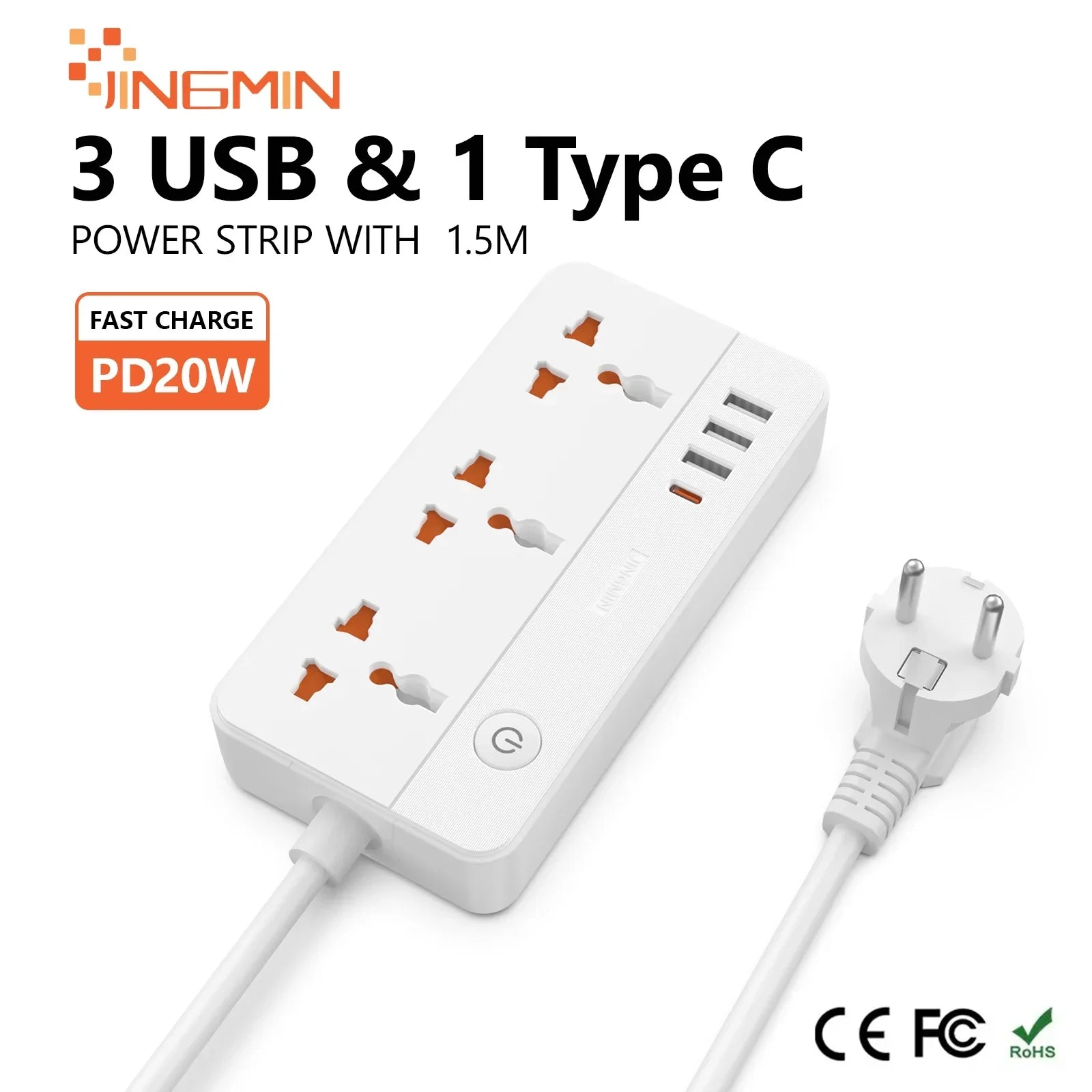 Power Multi Tap Universal Plug EU Outlet Power Strip with 1.5m Extension Cord AC Type C USB Port Charge Electrical Socket