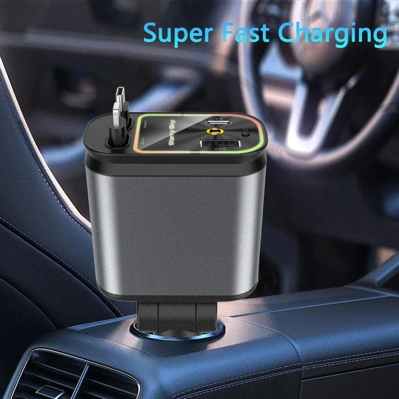 4 in 1 Car Charger with Retractable Cable Atmosphere Lamp Star Top Light 120W Adapter Car Phone Charger USB Type-C Ports 12-24V
