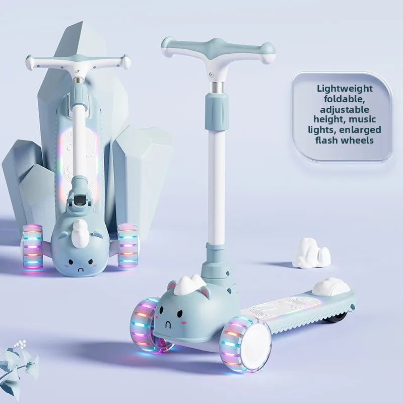 2-In-1 Children's Scooter Baby Kickboard 3 Height Adjustable 3-Wheel Music Light Foldable Micro Kcik Scooter Boy Girl Ages 2-10