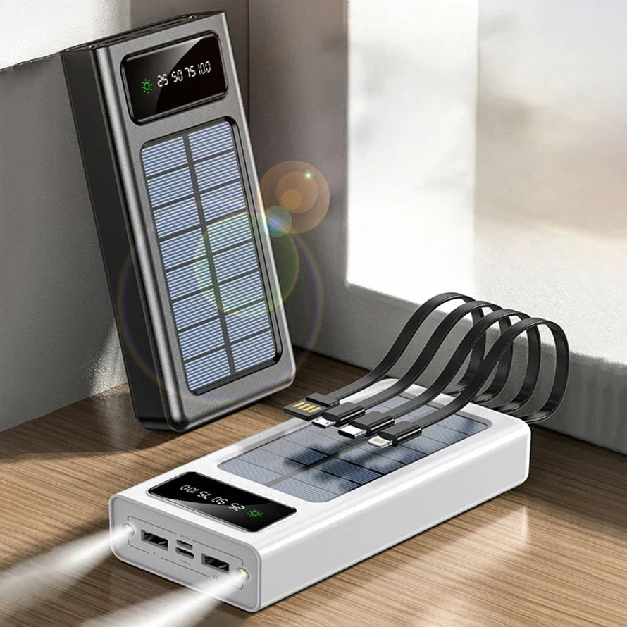 20000/30000mAh  Solar Power Bank LED Light   Large Capacity Fast Charging Battery With 4-Cables Outdoor Power Bank