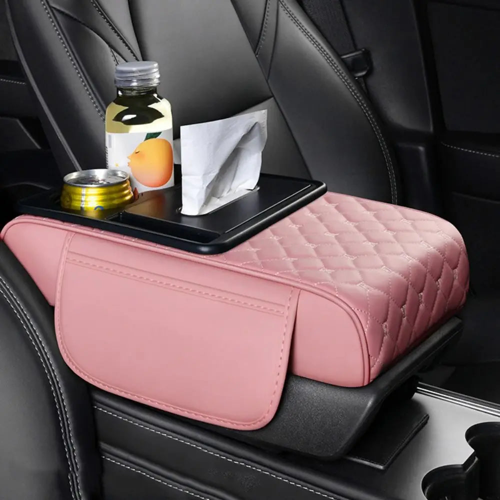 Portable Center Console Armrest Cushion PU Leather Multifunctional Armrest Pad Height Increasing with Cup Holder Tissue Box