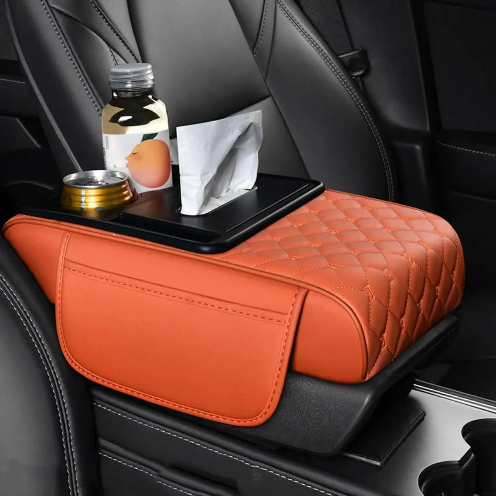 Portable Center Console Armrest Cushion PU Leather Multifunctional Armrest Pad Height Increasing with Cup Holder Tissue Box