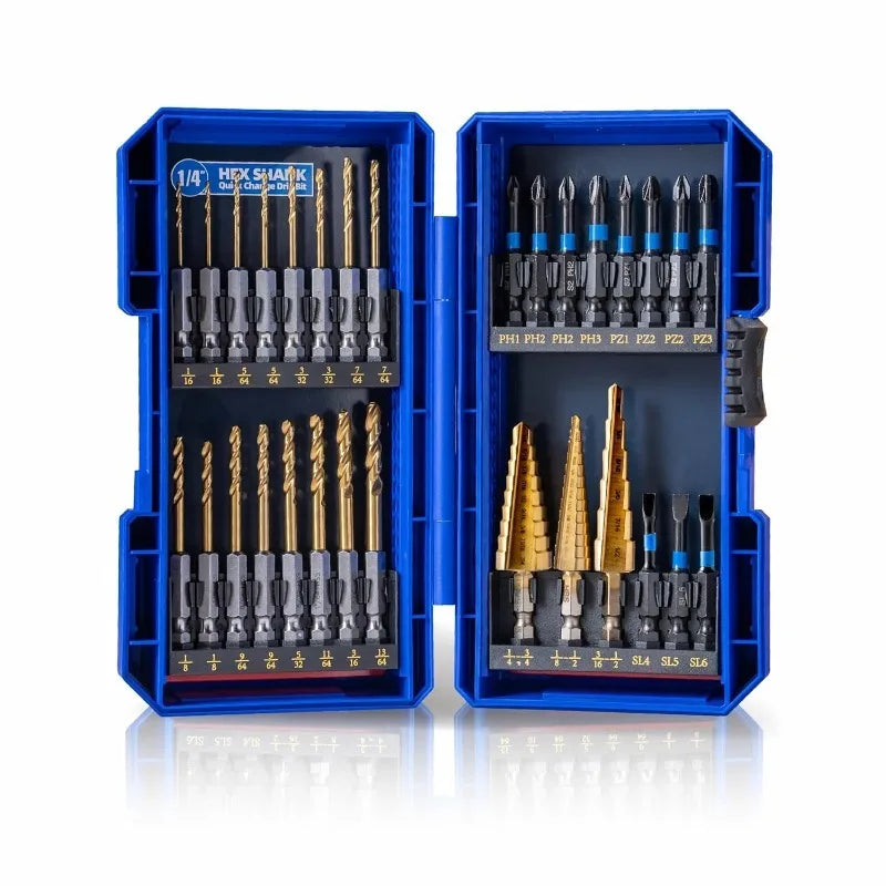 30PCS Impact Driver Bit Set Include Screwdriver Bit Set,Step Drill Bit,Hex Shank Drill Bit with Tough Stackable Case