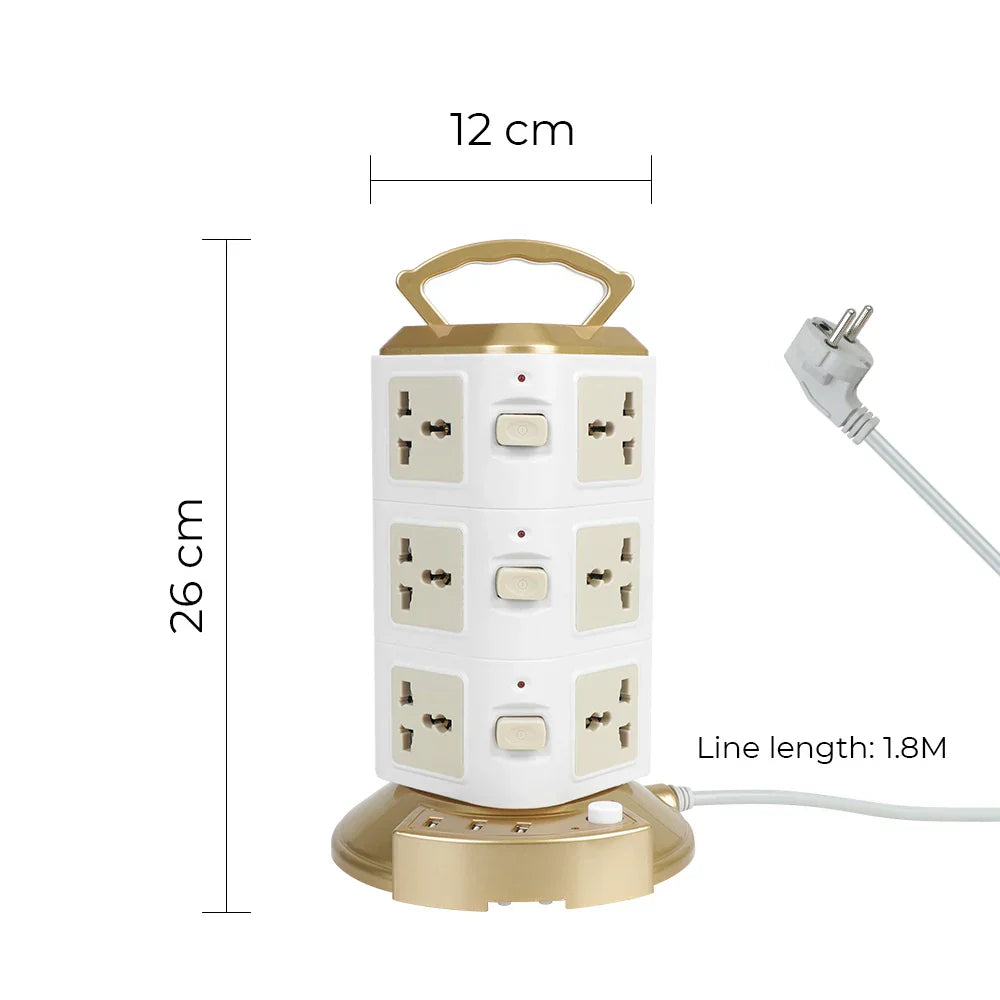 Overload Protector 2500W Tower Multi Power Strip EU US UK AU Universal Socket EU Plug With 3 USB Vertical 12 Way Outlets