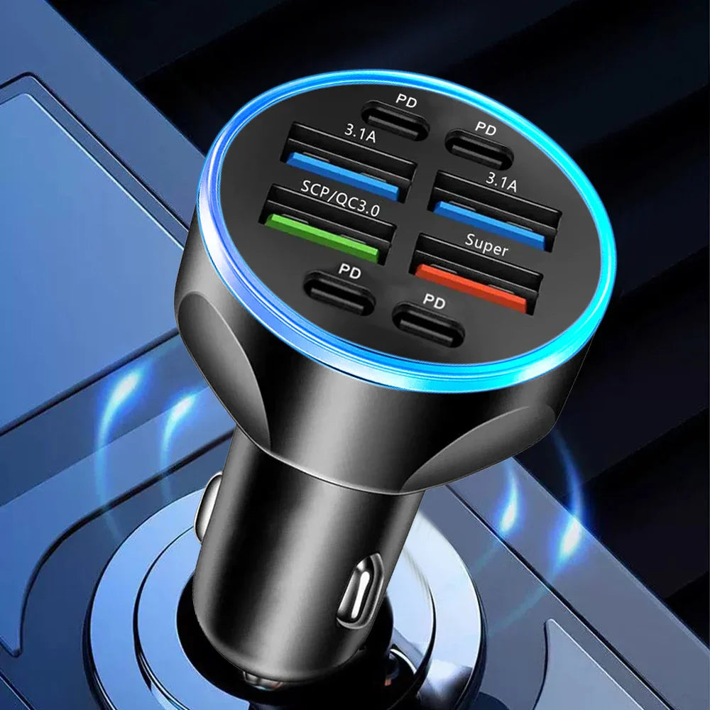 8 Ports 4usb 4PD 66W Car Charger PD Type C Fast Charging Auto Mobile Phone Adapter For iPhone Samsung Huawei Xiaomi QC 3.0
