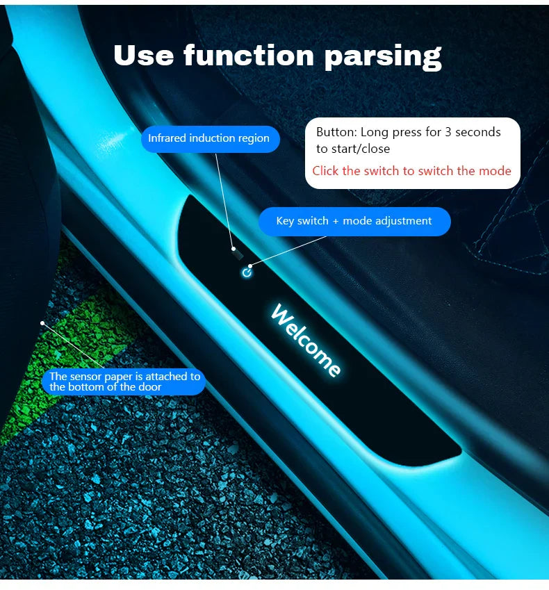 Car Welcome Door Sill Light Threshold Lamp Welcome Plate Pedal Light with Wireless LED Light Adjustable color changing mode