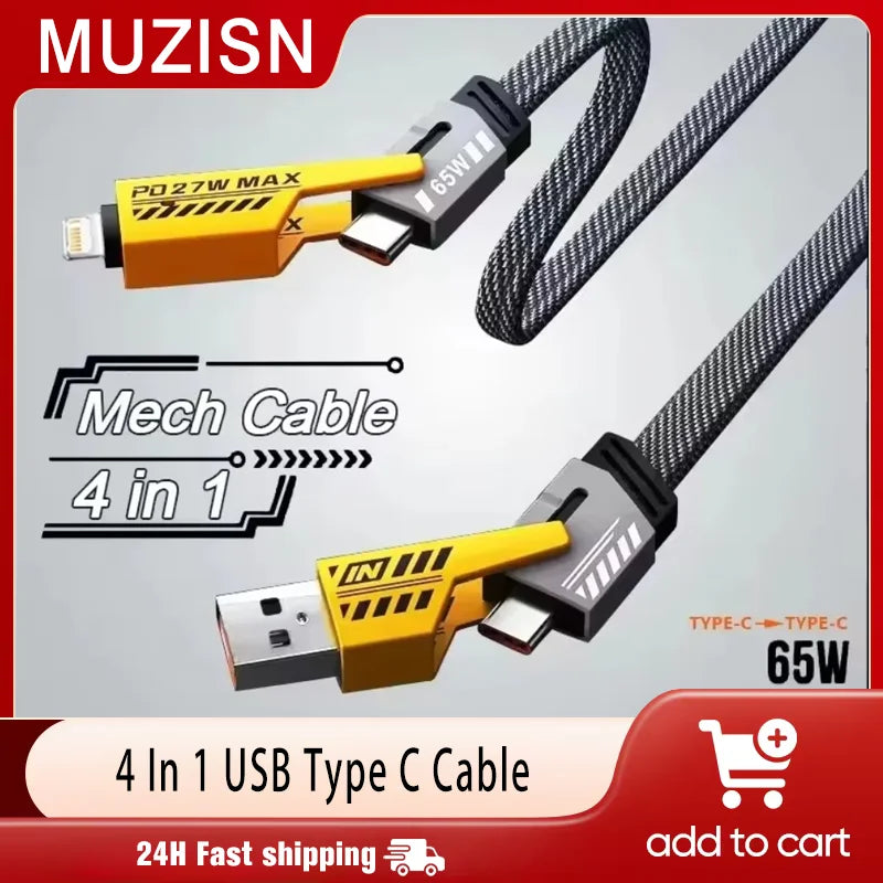 4 In 1 USB Type C Cable 6A Fast Charging for Huawei Redmi Samsung iPhone 16-12 11 Travel Wall Portable USBC Data Cord for Phone