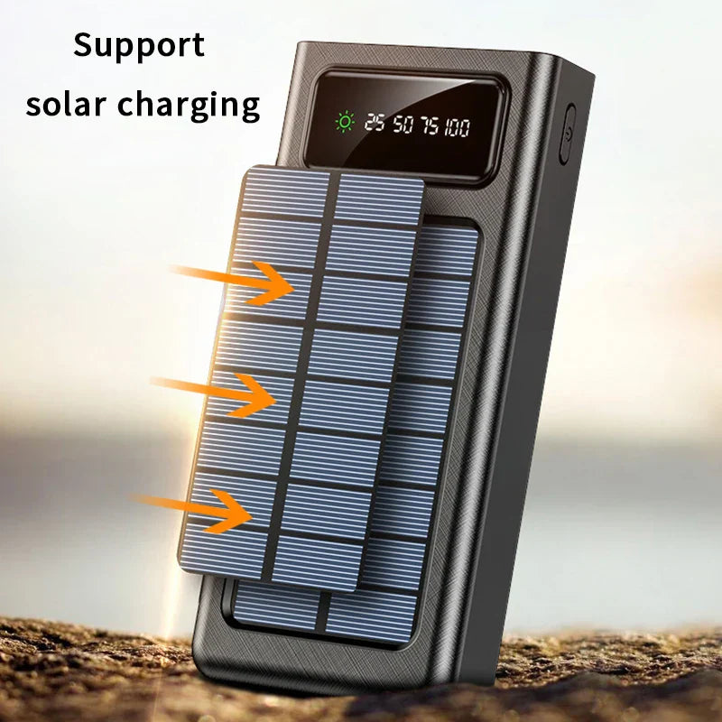 20000/30000mAh  Solar Power Bank LED Light   Large Capacity Fast Charging Battery With 4-Cables Outdoor Power Bank