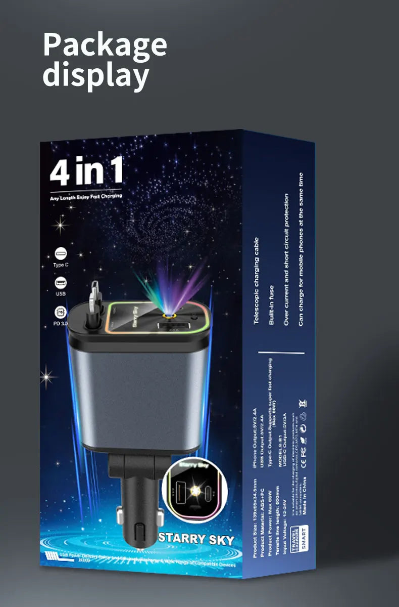 4 in 1 Car Charger with Retractable Cable Atmosphere Lamp Star Top Light 120W Adapter Car Phone Charger USB Type-C Ports 12-24V