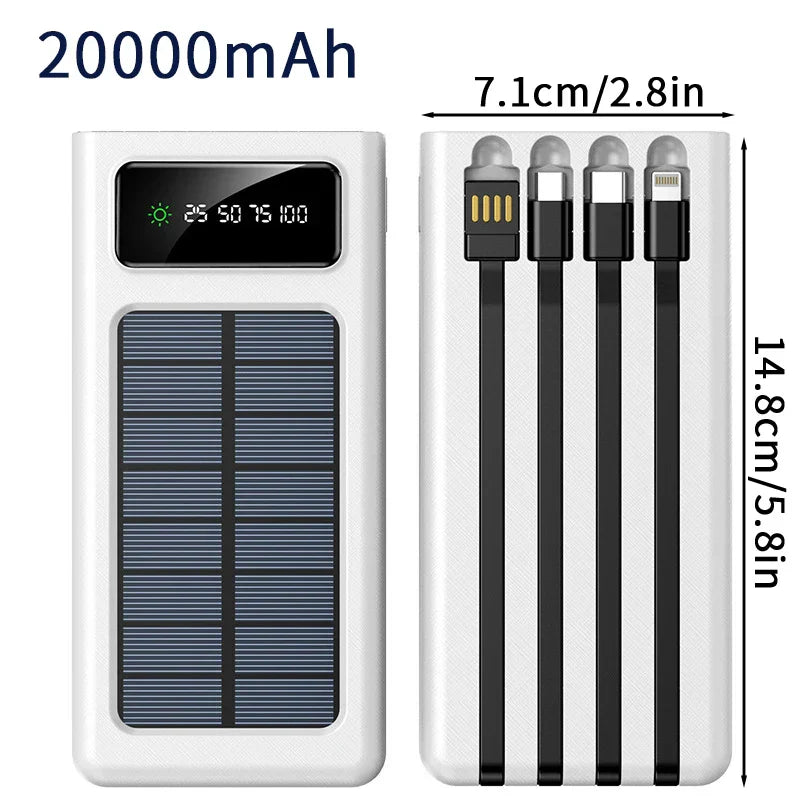 20000/30000mAh  Solar Power Bank LED Light   Large Capacity Fast Charging Battery With 4-Cables Outdoor Power Bank