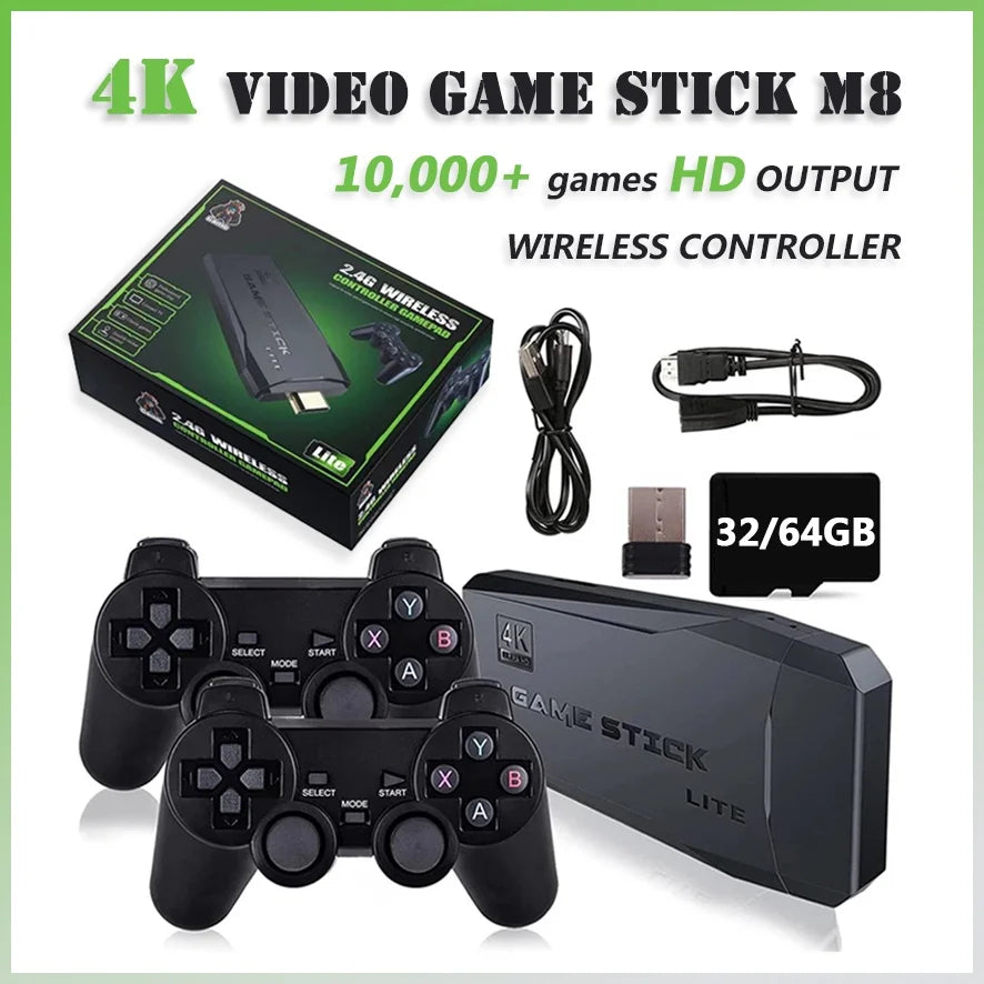 Video Game Sticks M8 Console 2.4G Dual Wireless Controller Game Stick 4K 10000 Games 64GB Retro Game for PS1 Christmas
